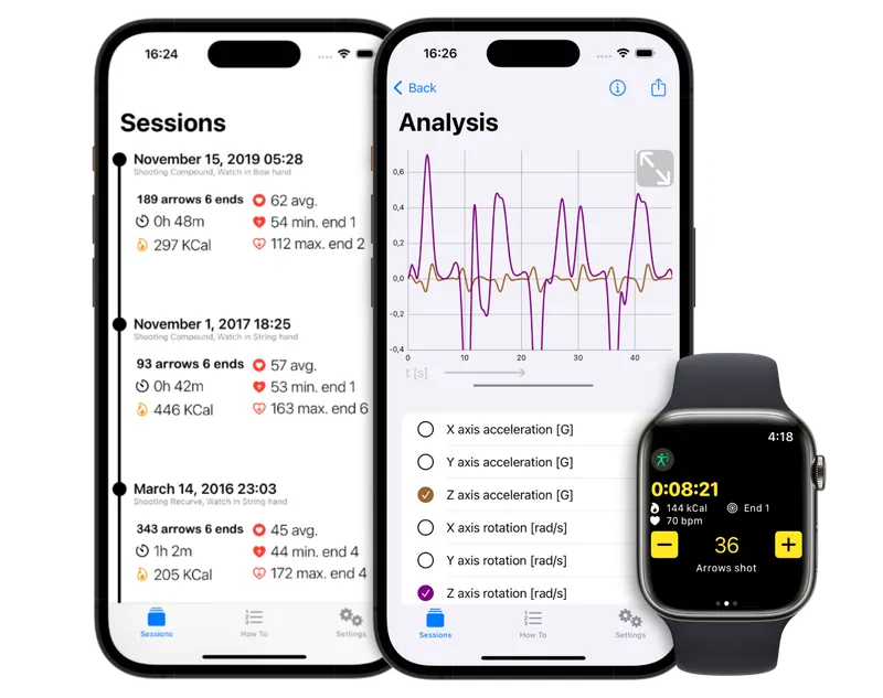 Two iPhones showing archery sessions and a motion chart, next to an Apple Watch counting arrows
