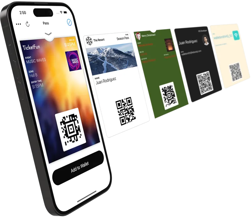 iPhone showing a concert ticket in Walletsmith, followed by a fan of custom Wallet passes